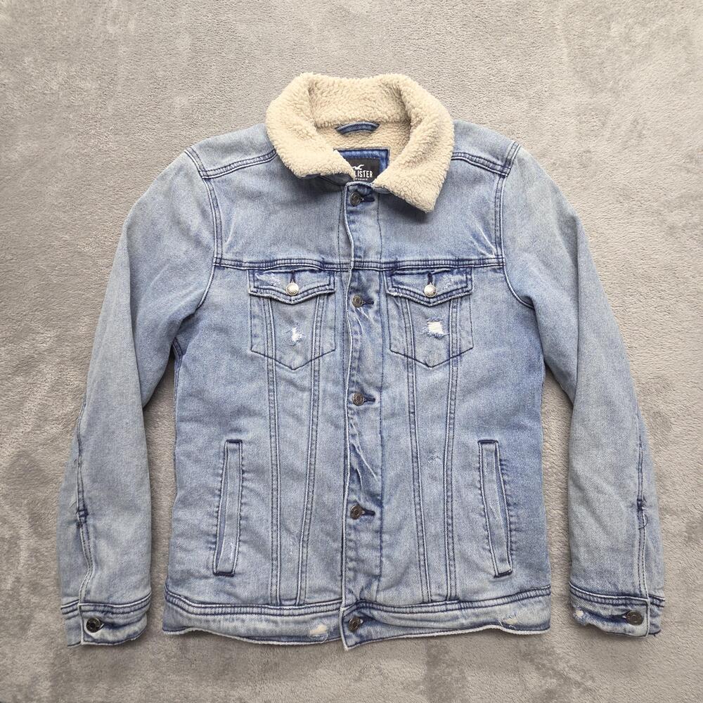 Hollister Jacket Womens S Blue Denim Lined Fleece Collared Stretch Button